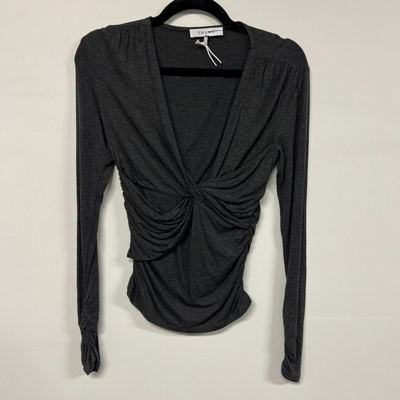 Frame Womens Plunge Twist Neck Long Sleeve Knit Top in Charcoal Heather Small - Picture 3 of 14